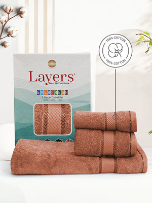 100% Cotton Towel Combo, 380 GSM Brown, Everfresh (1 Bath Towel, 1 Hand Towel & 1 Face Towel)