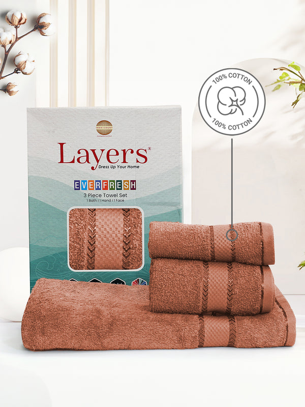 100% Cotton Towel Combo, 380 GSM Brown, Everfresh (1 Bath Towel, 1 Hand Towel & 1 Face Towel)