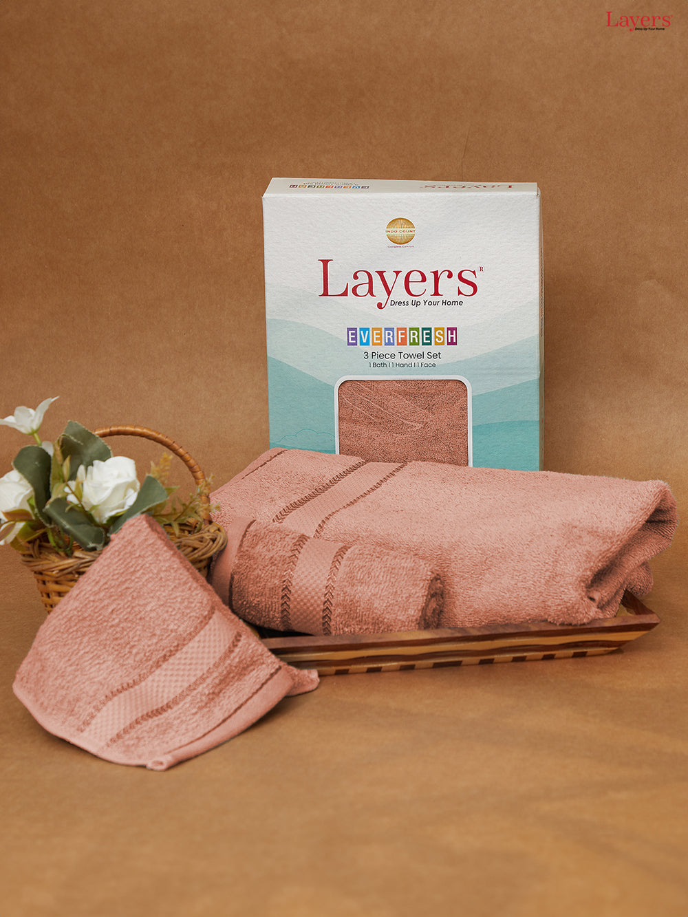 100% Cotton Towel Combo, 380 GSM Brown, Everfresh (1 Bath Towel, 1 Hand Towel & 1 Face Towel)