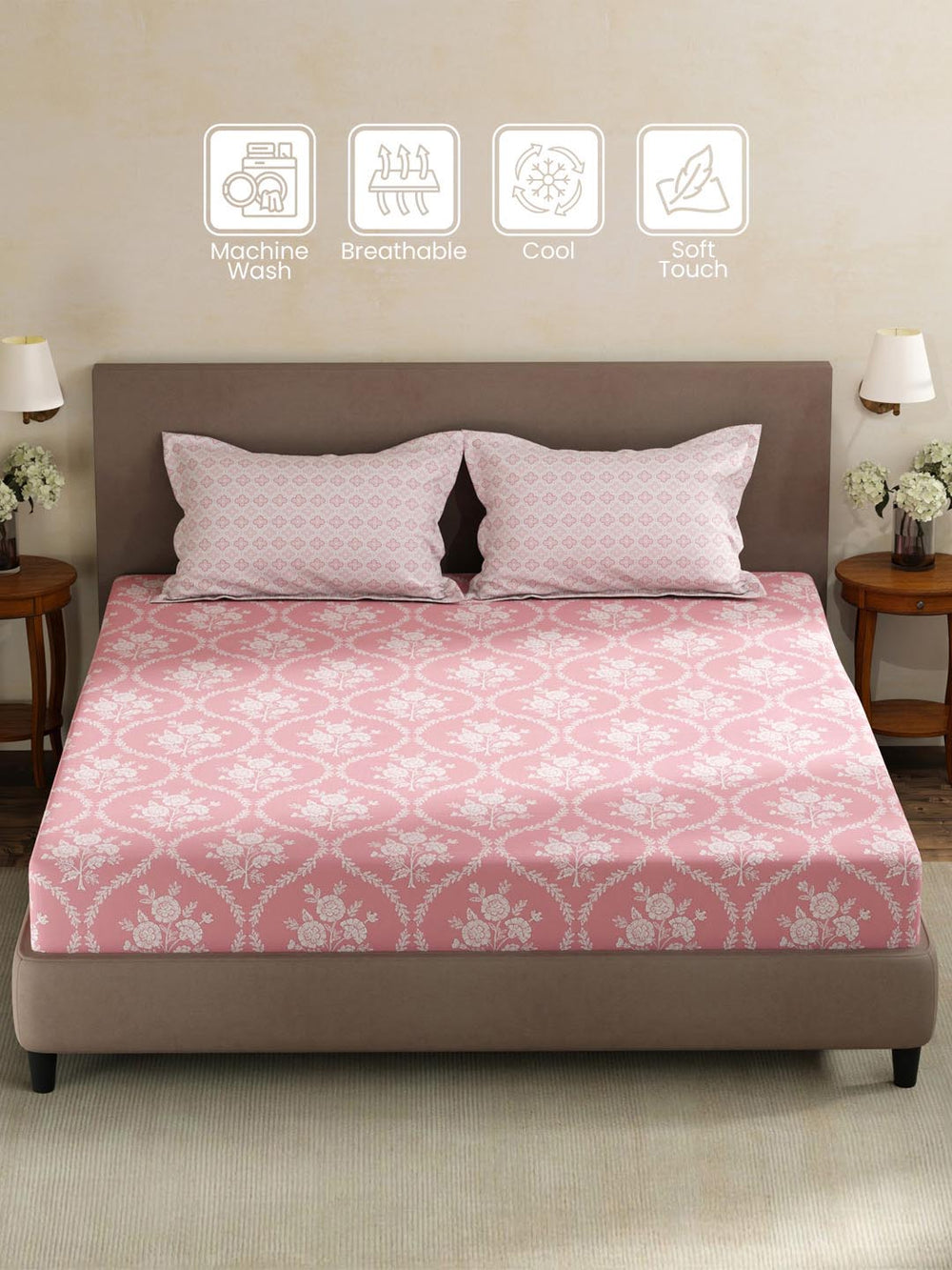 100% Cotton King Fitted Sheet Set, 180 TC Printed, Pristine Collection