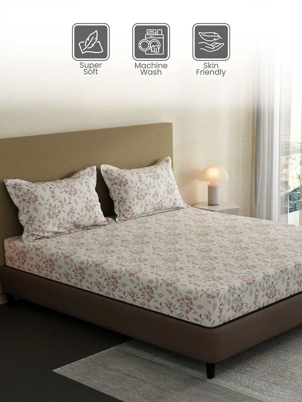 100% Cotton King Bedsheet Set, 144 TC Printed, Lumina Floret Collection