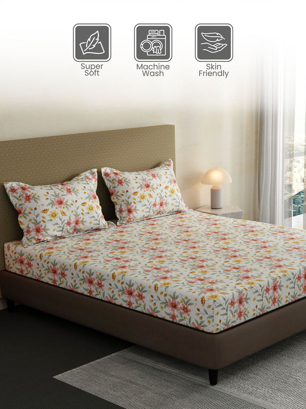 100% Cotton King Bedsheet Set, 144 TC Printed, Lumina Floret Collection
