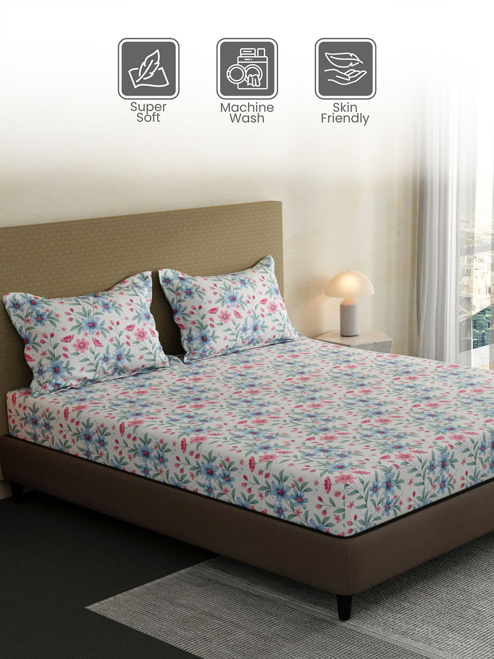 100% Cotton King Bedsheet Set, 144 TC Printed, Lumina Floret Collection