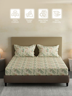 100% Cotton King Fitted Sheet Set, 144 TC Printed, Lumina Floret Collection