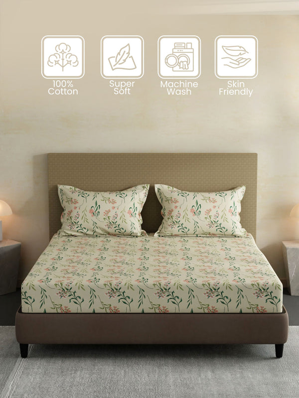 100% Cotton King Fitted Sheet Set, 144 TC Printed, Lumina Floret Collection