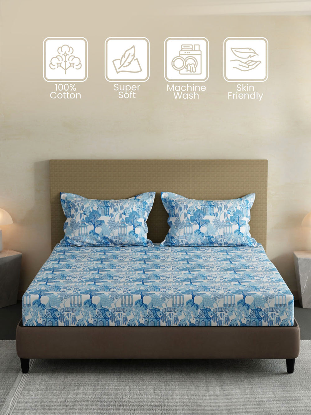 100% Cotton King Fitted Sheet Set, 144 TC Printed, Lumina Floret Collection