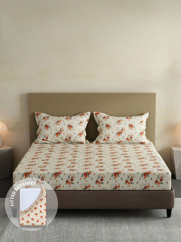 100% Cotton King Fitted Sheet Set, 144 TC Printed, Lumina Floret Collection