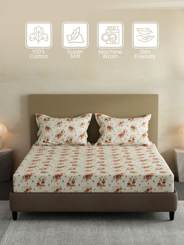 100% Cotton King Fitted Sheet Set, 144 TC Printed, Lumina Floret Collection