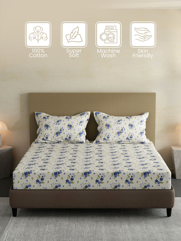100% Cotton King Fitted Sheet Set, 144 TC Printed, Lumina Floret Collection