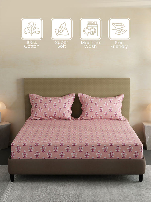 100% Cotton King Fitted Sheet Set, 144 TC Printed, Lumina Floret Collection