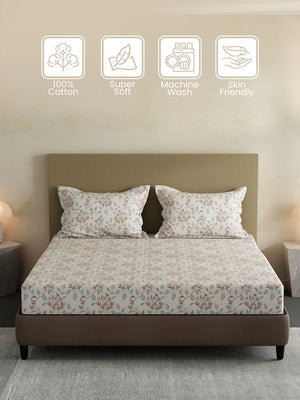 100% Cotton King Fitted Sheet Set, 144 TC Printed, Lumina Floret Collection