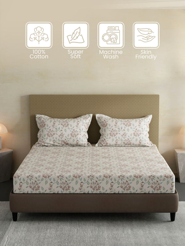 100% Cotton King Fitted Sheet Set, 144 TC Printed, Lumina Floret Collection