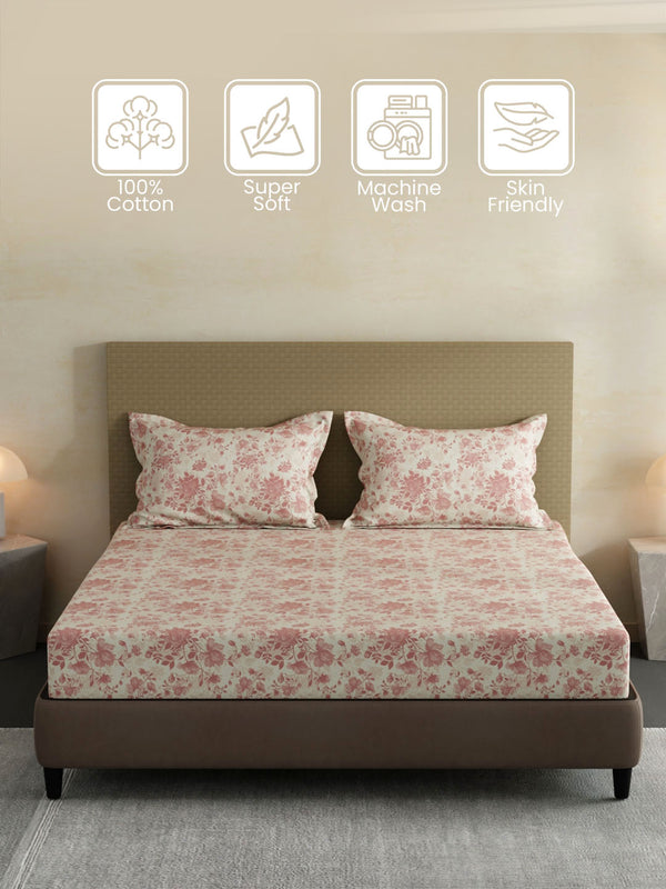 100% Cotton King Fitted Sheet Set, 144 TC Printed, Lumina Floret Collection