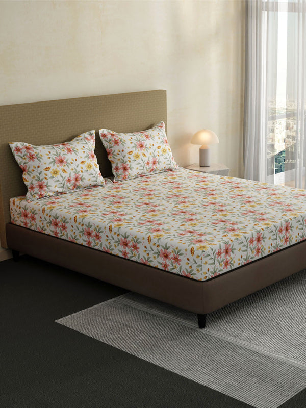 100% Cotton King Fitted Sheet Set, 144 TC Printed, Lumina Floret Collection