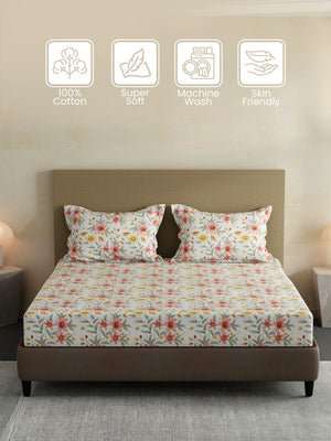 100% Cotton King Fitted Sheet Set, 144 TC Printed, Lumina Floret Collection