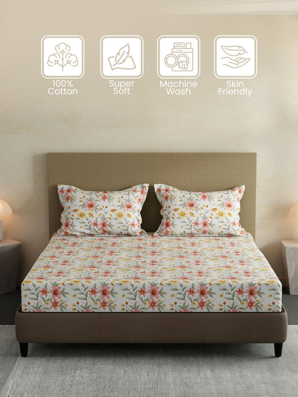100% Cotton King Fitted Sheet Set, 144 TC Printed, Lumina Floret Collection