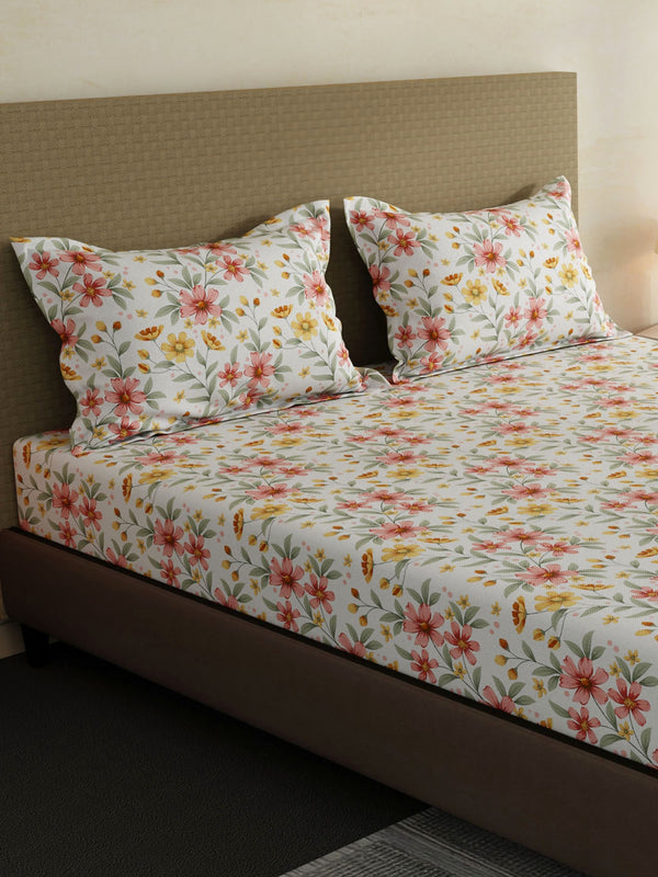 100% Cotton King Fitted Sheet Set, 144 TC Printed, Lumina Floret Collection