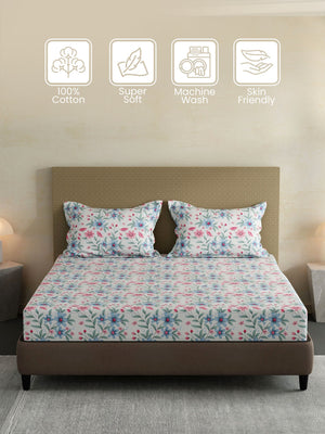100% Cotton King Fitted Sheet Set, 144 TC Printed, Lumina Floret Collection
