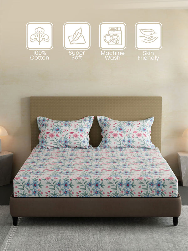 100% Cotton King Fitted Sheet Set, 144 TC Printed, Lumina Floret Collection