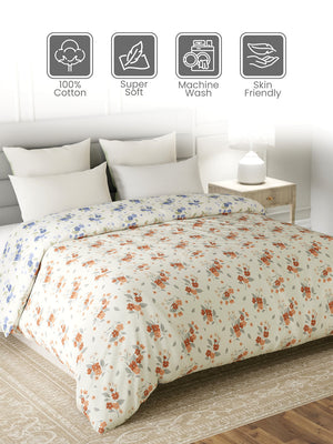 Reversible Double Comforter, 100% Cotton 140 TC, Blue & Brown Floral, For Mild Winter & All Season Lumina Floret
