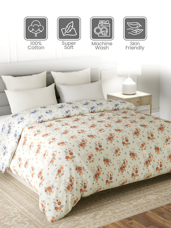 Reversible Double Comforter, 100% Cotton 140 TC, Blue & Brown Floral, For Mild Winter & All Season Lumina Floret