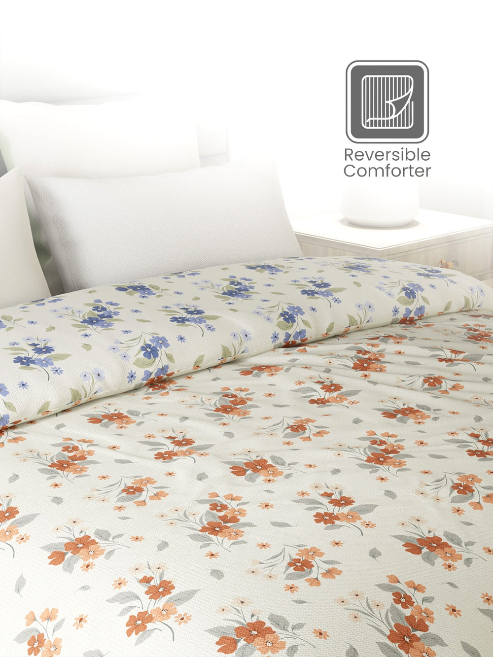 Reversible Double Comforter, 100% Cotton 140 TC, Blue & Brown Floral, For Mild Winter & All Season Lumina Floret