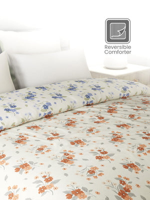 Reversible Double Comforter, 100% Cotton 140 TC, Blue & Brown Floral, For Mild Winter & All Season Lumina Floret