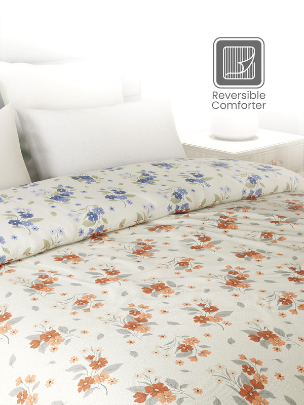 Reversible Double Comforter, 100% Cotton 140 TC, Blue & Brown Floral, For Mild Winter & All Season Lumina Floret