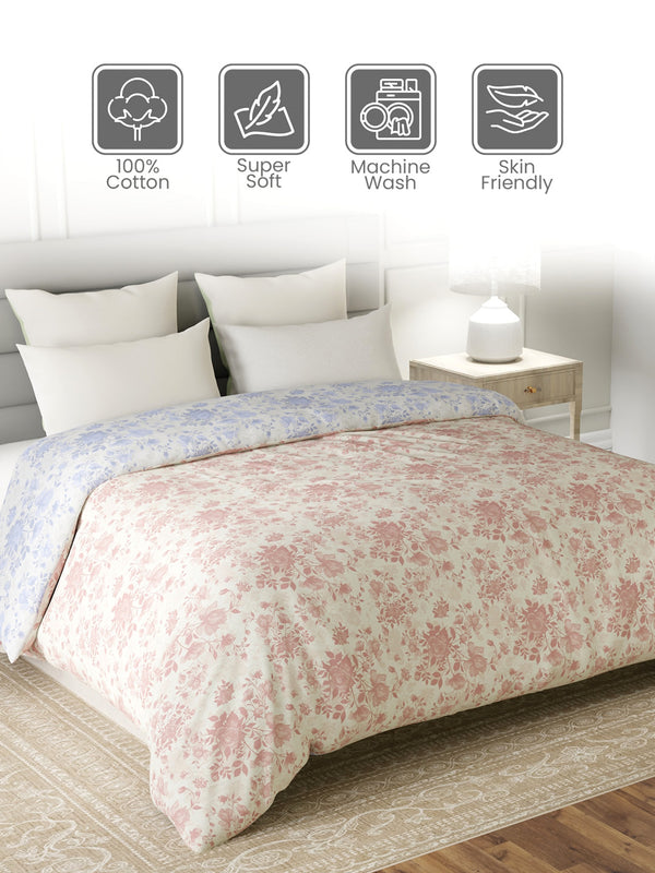 Reversible Double Comforter, 100% Cotton 140 TC, Pink & Blue Floral, For Mild Winter & All Season Lumina Floret