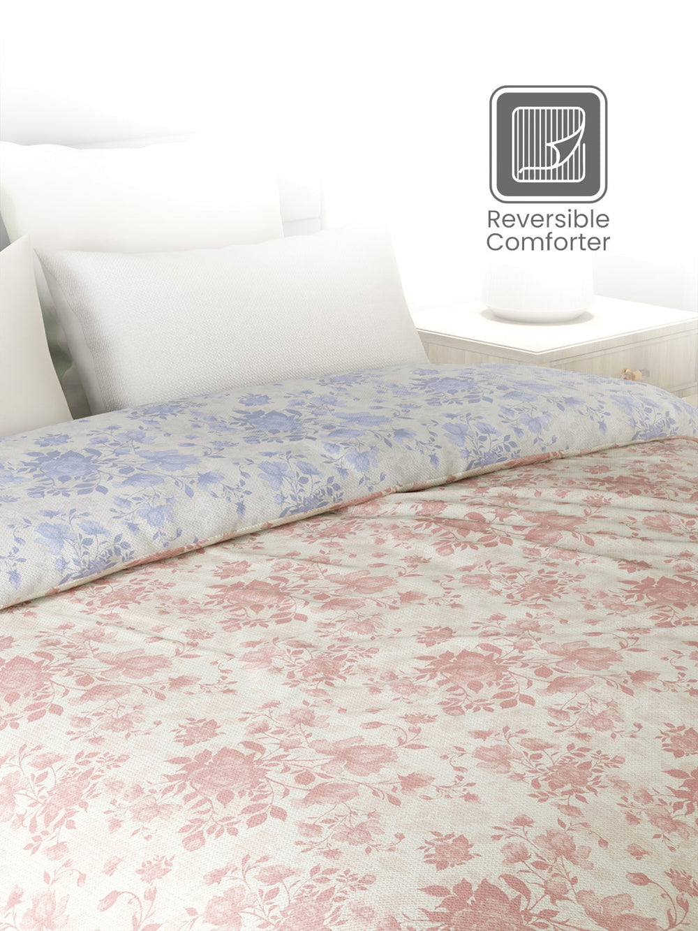 Reversible Double Comforter, 100% Cotton 140 TC, Pink & Blue Floral, For Mild Winter & All Season Lumina Floret