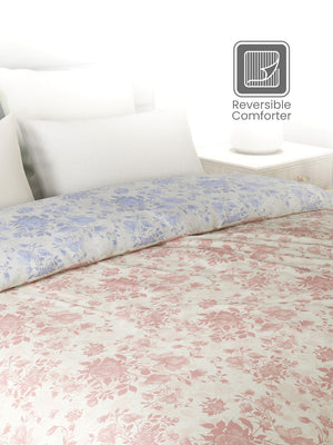 Reversible Double Comforter, 100% Cotton 140 TC, Pink & Blue Floral, For Mild Winter & All Season Lumina Floret