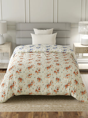 Reversible Single Comforter, 100% Cotton 140 TC, Blue & Brown Floral, For Mild Winter & All Season Lumina Floret