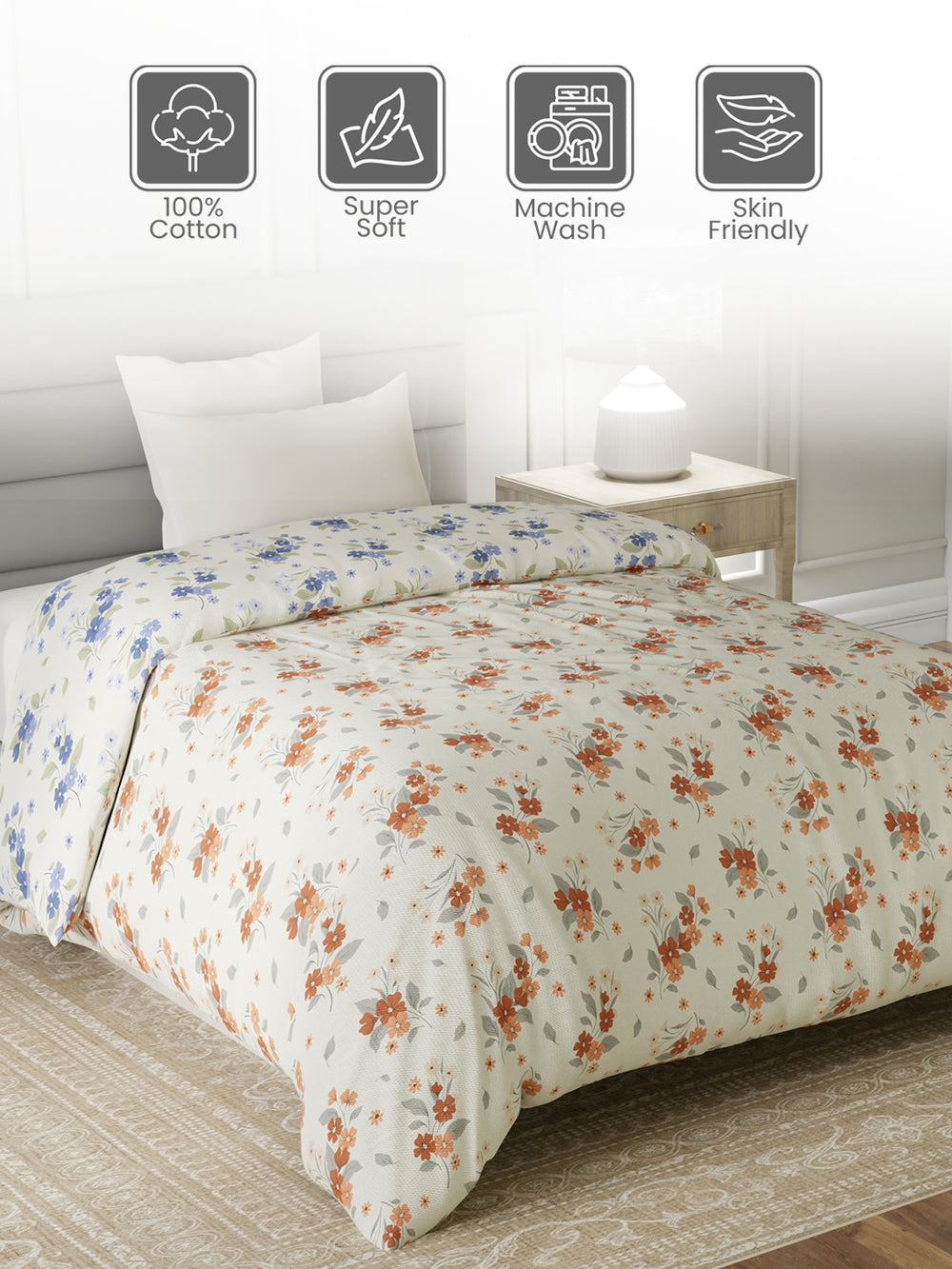 Reversible Single Comforter, 100% Cotton 140 TC, Blue & Brown Floral, For Mild Winter & All Season Lumina Floret