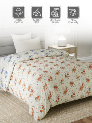 Reversible Single Comforter, 100% Cotton 140 TC, Blue & Brown Floral, For Mild Winter & All Season Lumina Floret