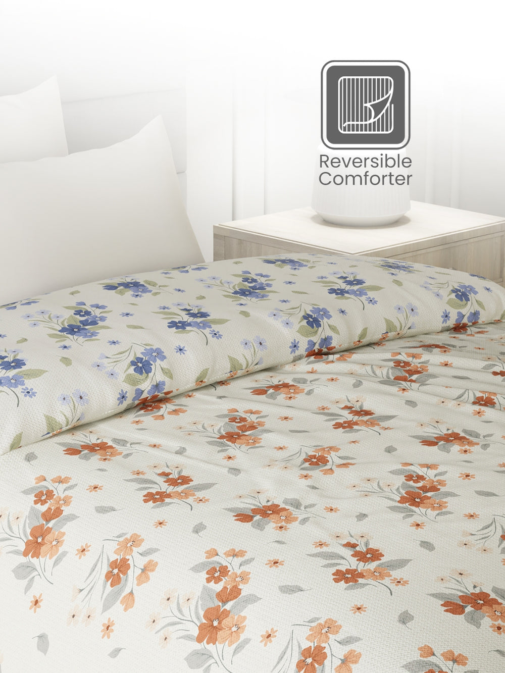 Reversible Single Comforter, 100% Cotton 140 TC, Blue & Brown Floral, For Mild Winter & All Season Lumina Floret