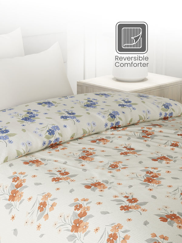 Reversible Single Comforter, 100% Cotton 140 TC, Blue & Brown Floral, For Mild Winter & All Season Lumina Floret