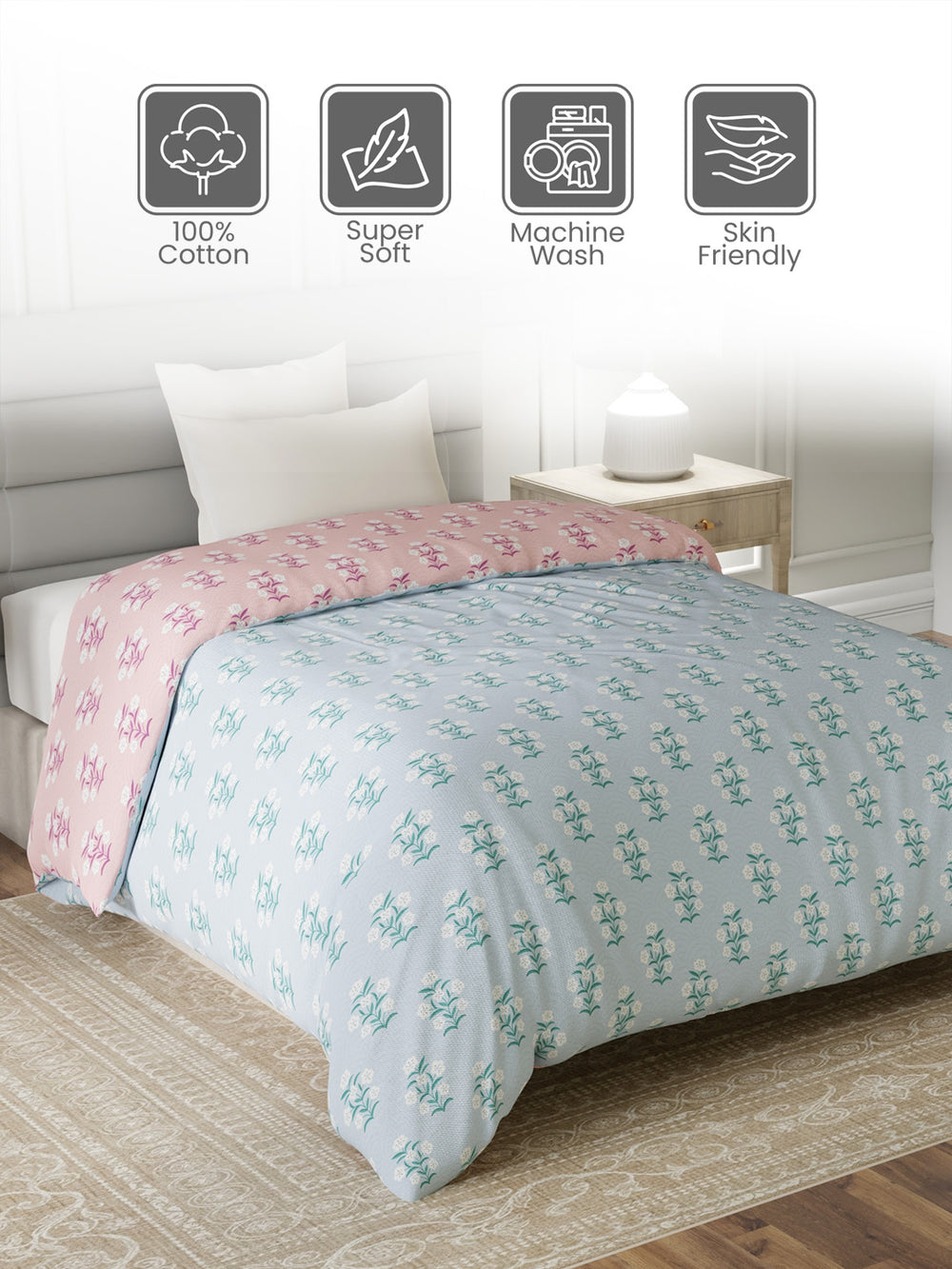 100% Cotton Single Reversible Comforter, 144 TC Printed, Lumina Floret Collection