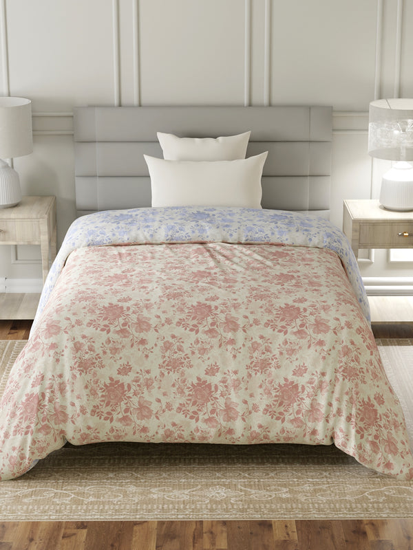 Reversible Single Comforter, 100% Cotton 140 TC, Pink & Blue Floral, For Mild Winter & All Season Lumina Floret