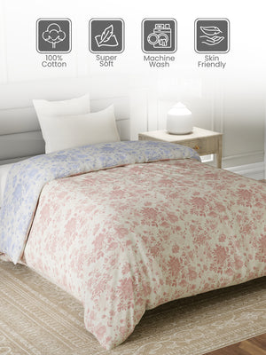 Reversible Single Comforter, 100% Cotton 140 TC, Pink & Blue Floral, For Mild Winter & All Season Lumina Floret