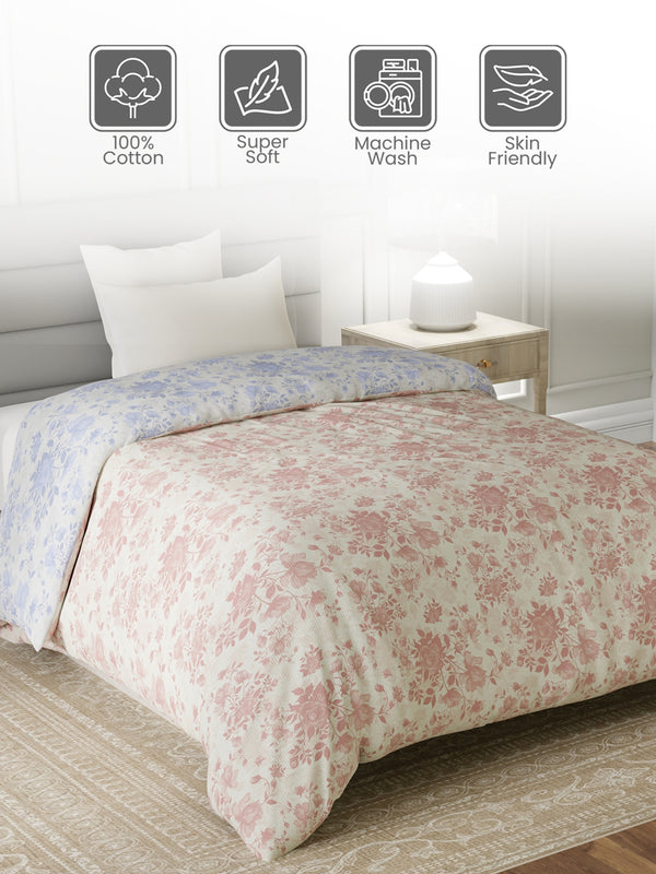 Reversible Single Comforter, 100% Cotton 140 TC, Pink & Blue Floral, For Mild Winter & All Season Lumina Floret