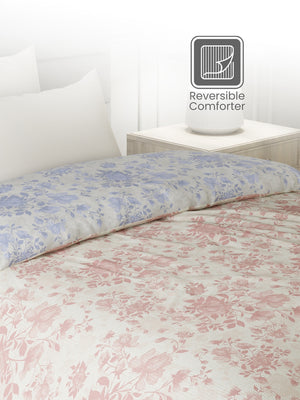 Reversible Single Comforter, 100% Cotton 140 TC, Pink & Blue Floral, For Mild Winter & All Season Lumina Floret