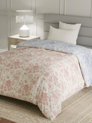 Reversible Single Comforter, 100% Cotton 140 TC, Pink & Blue Floral, For Mild Winter & All Season Lumina Floret