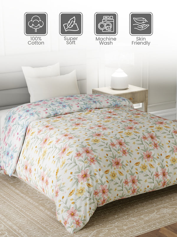 Reversible Single Comforter, 100% Cotton 140 TC, Multicolor Floral, For Mild Winter & All Season Lumina Floret