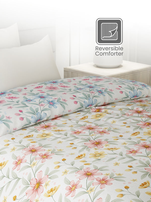 Reversible Single Comforter, 100% Cotton 140 TC, Multicolor Floral, For Mild Winter & All Season Lumina Floret