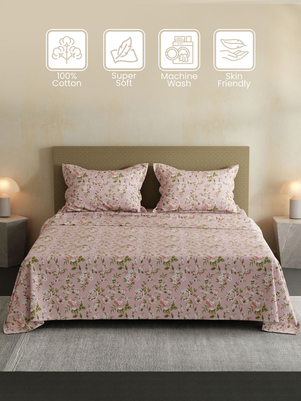 100% Cotton Double Bedsheet Set, 144 TC Printed, Lumina Floret Collection