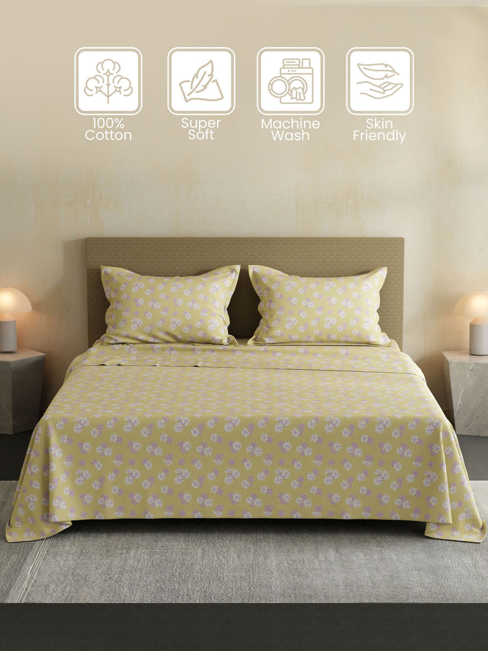 100% Cotton Double Bedsheet Set, 144 TC Printed, Lumina Floret Collection