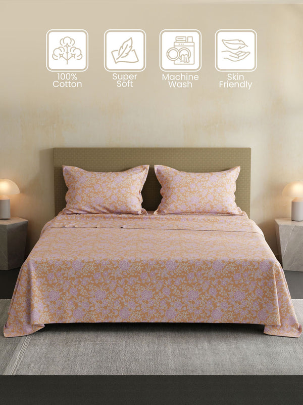 100% Cotton Double Bedsheet Set, 144 TC Printed, Lumina Floret Collection