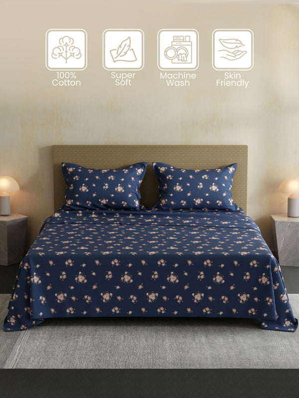 100% Cotton Double Bedsheet Set, 144 TC Printed, Lumina Floret Collection