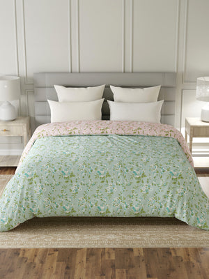 Reversible Double Comforter, 100% Cotton 140 TC, Pink & Green Floral, For Mild Winter & All Season Lumina Floret
