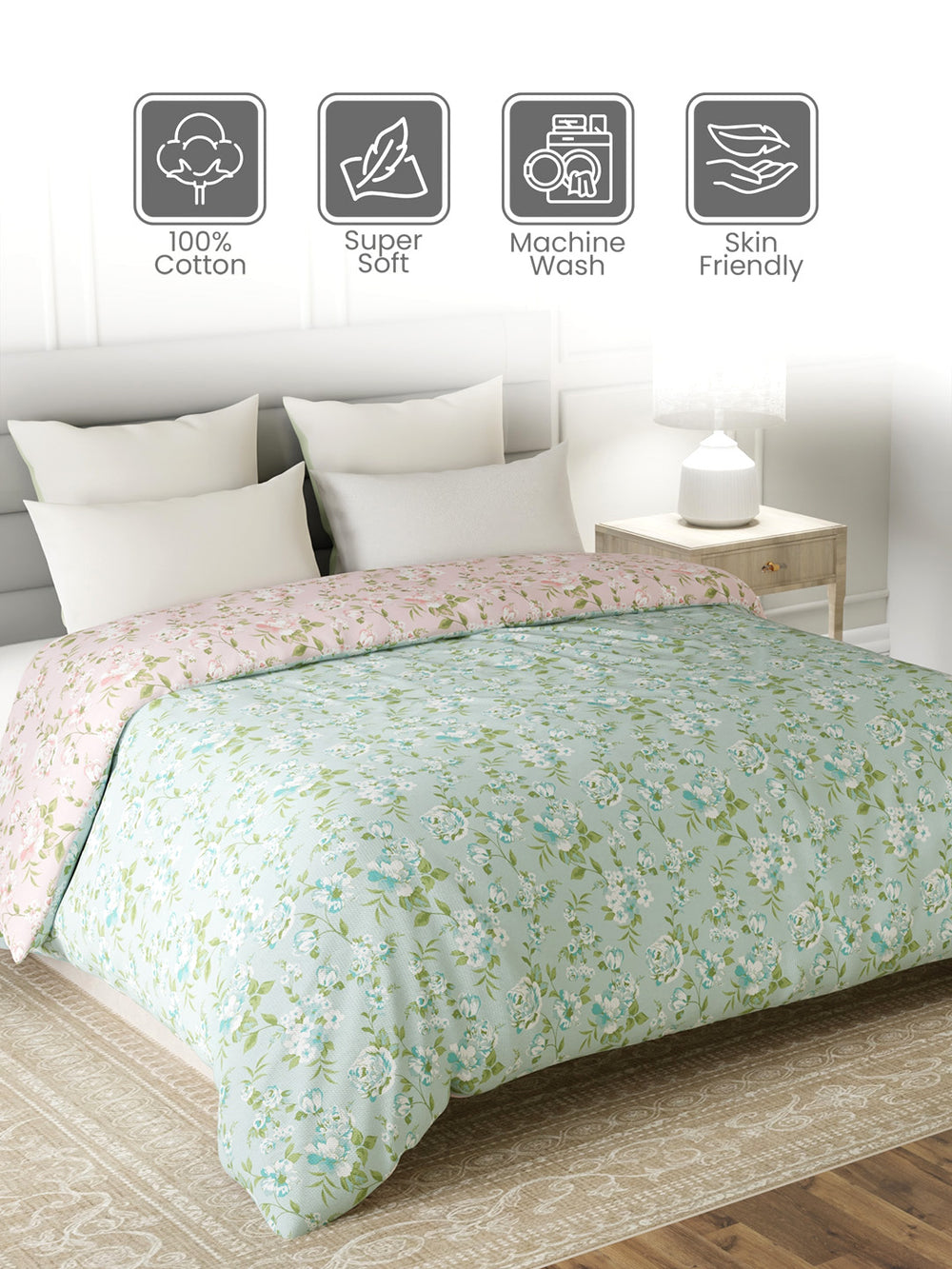 Reversible Double Comforter, 100% Cotton 140 TC, Pink & Green Floral, For Mild Winter & All Season Lumina Floret